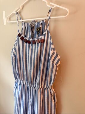 Blue and White Striped Halter Jumpsuit with Embellished Neck